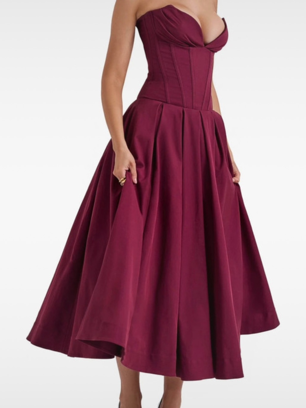 Strapless Burgundy Midi Dress with Corset Bodice